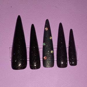 10pcs 3XL Stiletto Black & Glitter With Matte & Rhinestone Accent Press On Nails